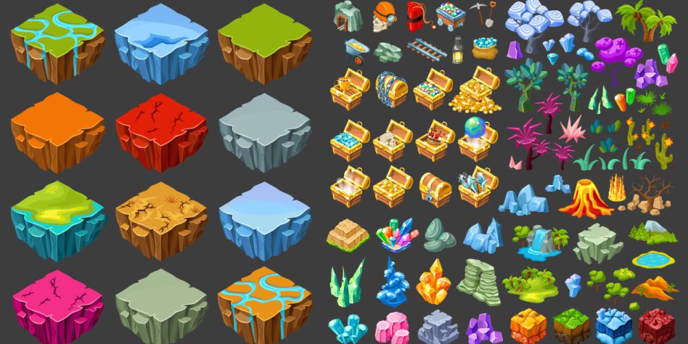 Set of reward icons for an isometric landscape game.
