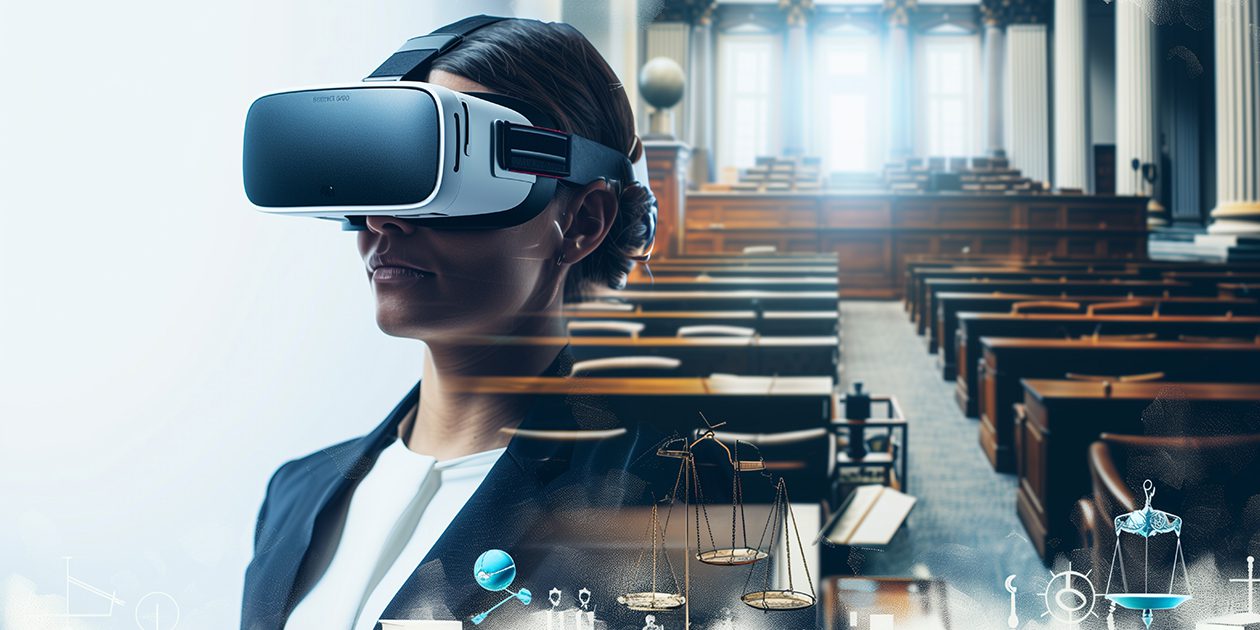 Lawyer in courtroom wearing occulus rift
