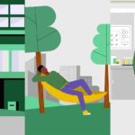 A cartoon of a male student in three poses. One holding a suitcase outside of campus accommodation. One laying down and relaxing on a hammock between two trees. One standing in a science laboratory.