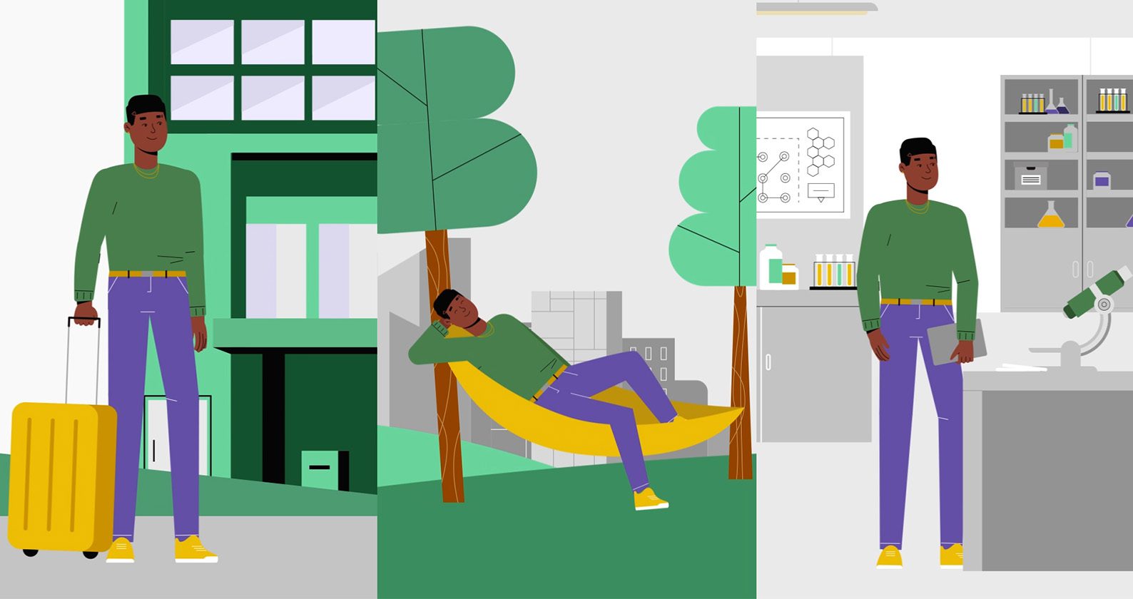 A cartoon of a male student in three poses. One holding a suitcase outside of campus accommodation. One laying down and relaxing on a hammock between two trees. One standing in a science laboratory.