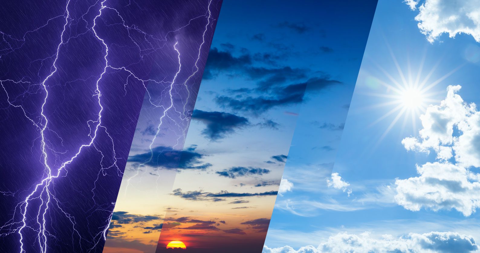 An image split into three types of weather. The first is lightning, the second is sunrise, the third is a blue sunny sky.