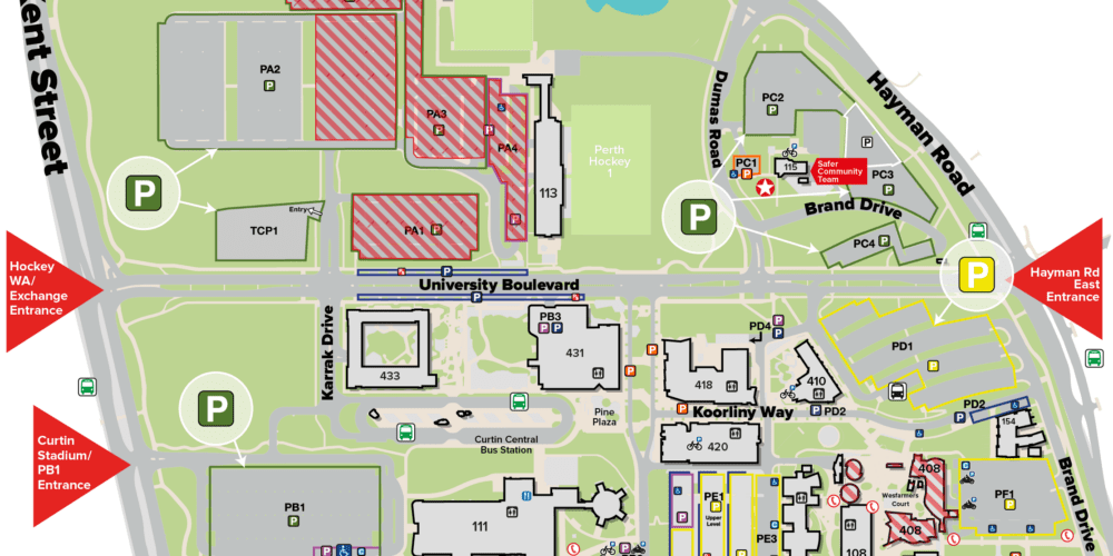 A map of the Curtin Perth campus showing which parking bays are closed.