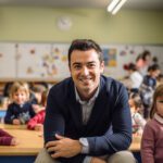 Male teacher in a classroom smiling
