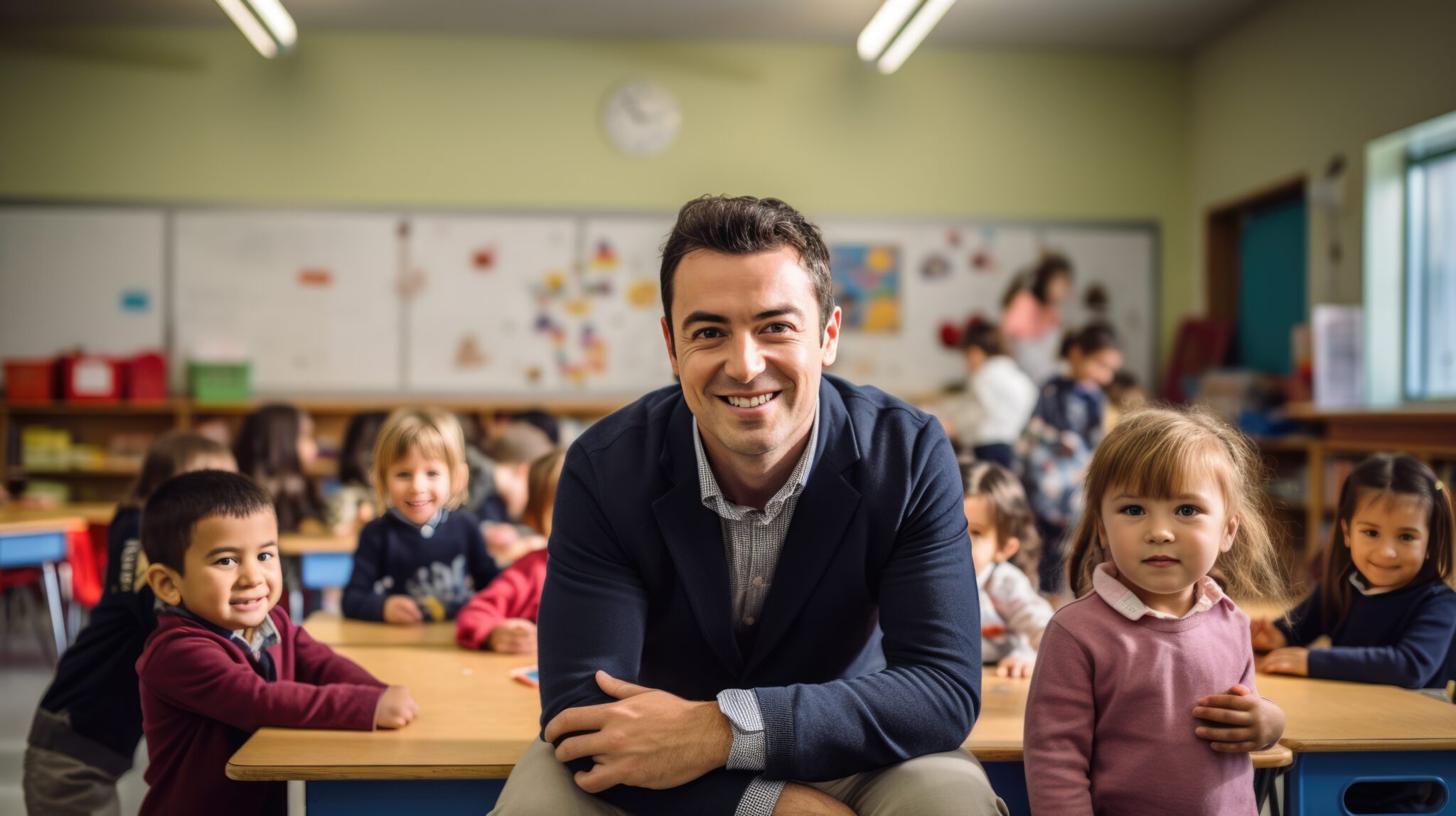 Male teacher in a classroom smiling
