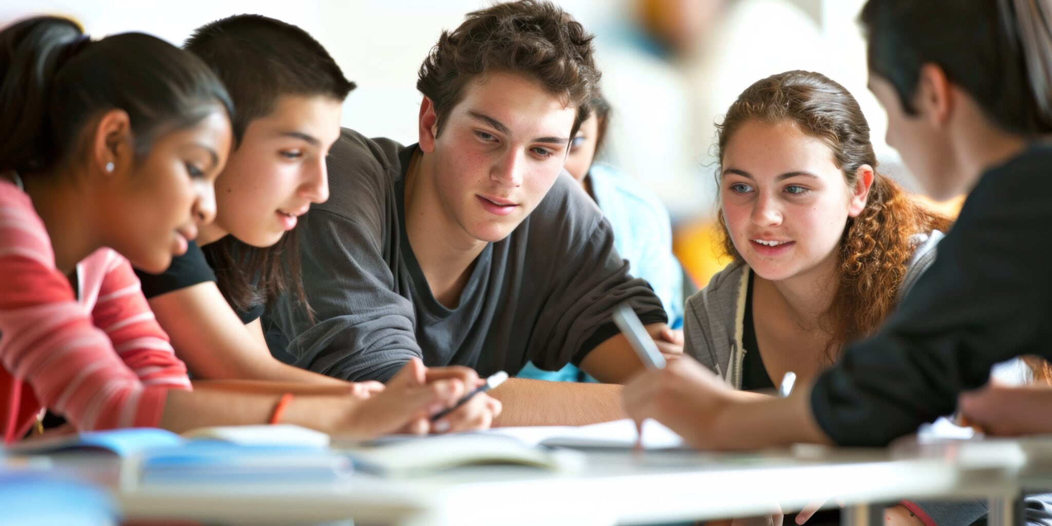 Group of high school students studying together around a table.