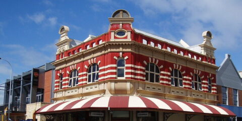 Red and white heritage building in Fremantle.