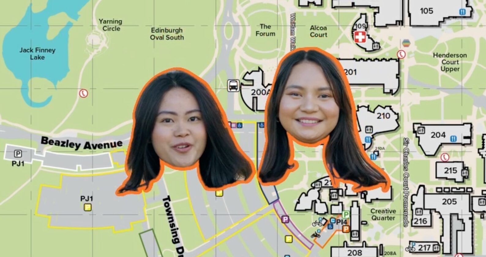 Devna and Celena's heads are superimposed on a map of the Curtin Perth campus.