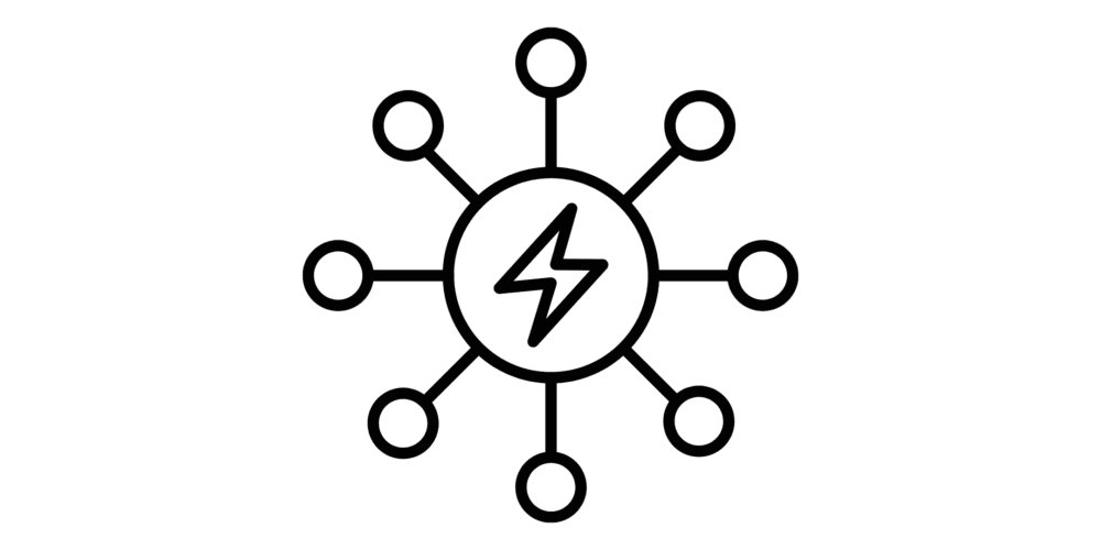 Icon with an electric bolt in a circle. From this circle branches eight evenly-spaced lines with smaller circles at their ends. This icon represents grid firming, a smart city technology.