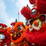 Dragon and lion dance show in Chinese New Year festival (Tet festival ), lion Dance - lion dance street performances in Vietnam