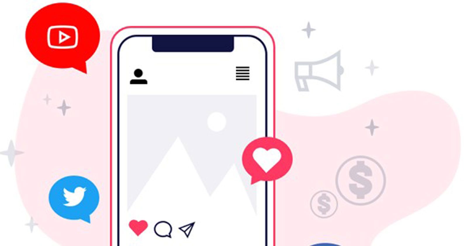 Mobile phone surrounded by social media icons.