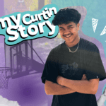 Santchiago smiles at the camera. His image is overlayed on a graphic image with the words: My Curtin Story written on a blue and purple scrapbook type background.