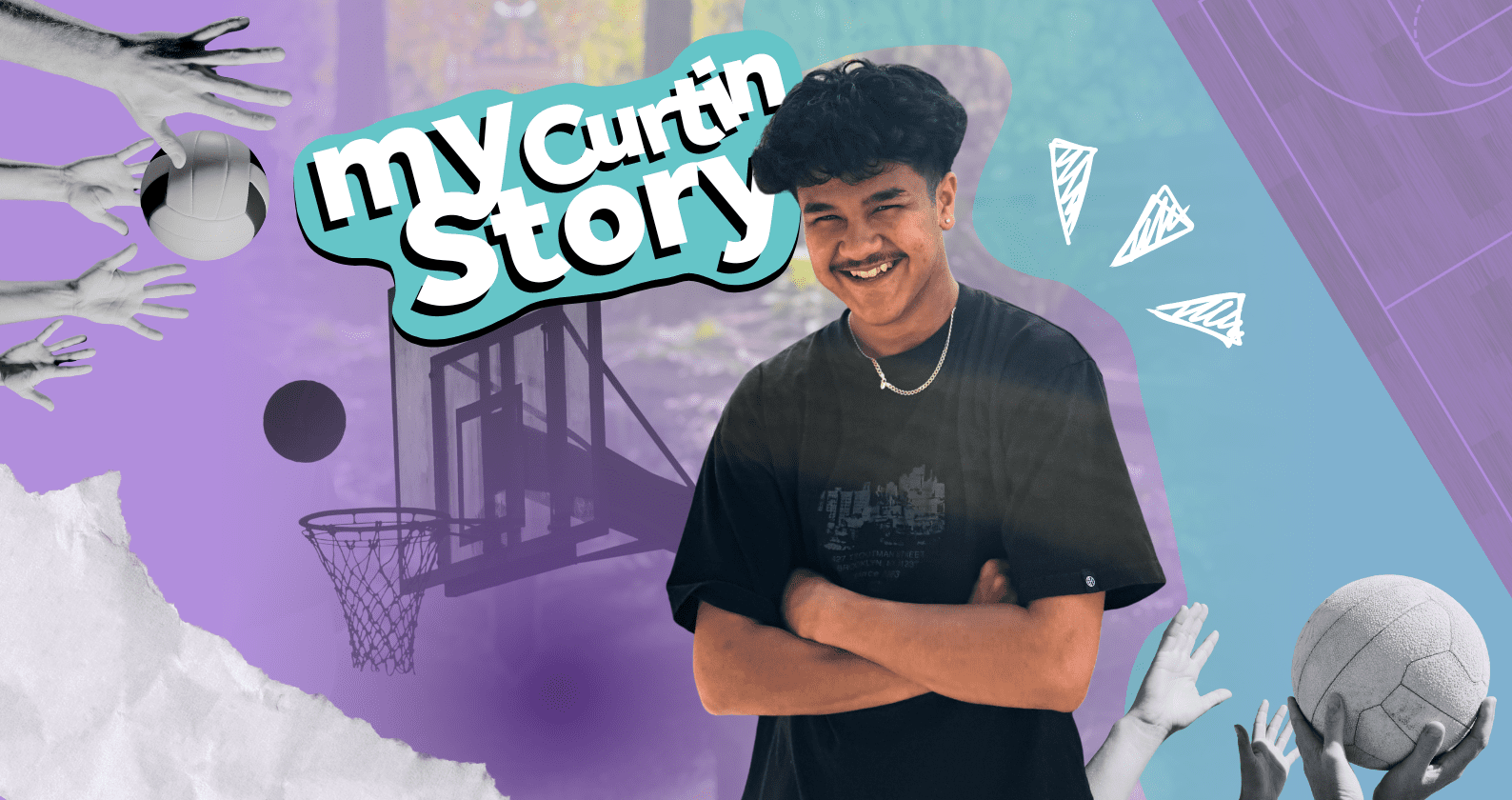 Santchiago smiles at the camera. His image is overlayed on a graphic image with the words: My Curtin Story written on a blue and purple scrapbook type background.