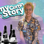 A vibrant collage-style image featuring a smiling young person with, short blond hair, glasses, and a colourful butterfly-print shirt. They are sitting in an outdoor setting with leafy trees in the background. Surrounding them are various illustrated science and nature-themed graphics, including a large butterfly, test tubes and beakers, plants, flowers, and a jar with a small plant being held by tweezers. The words “my Curtin Story” appear prominently in bold, playful text near the top left.