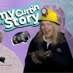 A vibrant collage-style image featuring a smiling young person with, wearing protective mining gear. Surrounding them are various graphics, including a wombat, speakers, a mouth speaking and a hand holding a house. The words “my Curtin Story” appear prominently in bold, playful text near the top left.