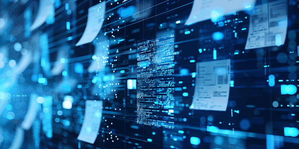 A conceptualisation of digital information. Electric blue squares and rectangles float in front of a deep navy background.