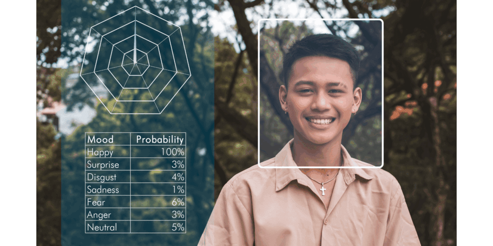Emotional AI concept image. Man smiling with the outline of a white box over his face. To his right, a table ranks his ‘Mood’ against its ‘Probability’.