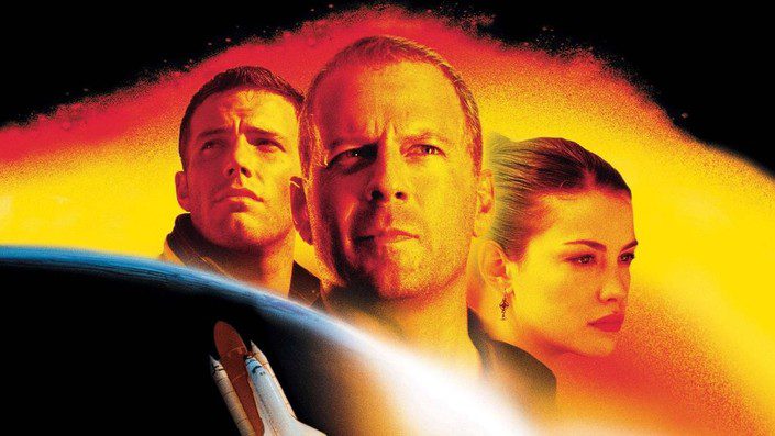 A stylised sci-fi movie poster for 'Armageddon'. Three serious-faced people in warm orange light look toward the distance; a space shuttle launches at the bottom edge. 