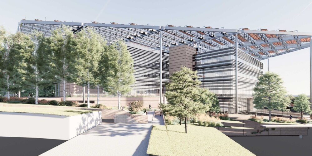 Architectural rendering of Curtin's modern Future Sciences Building, surrounded by landscaped gardens and tall green trees. A large open-frame canopy with angled solar panels extends over the building. 