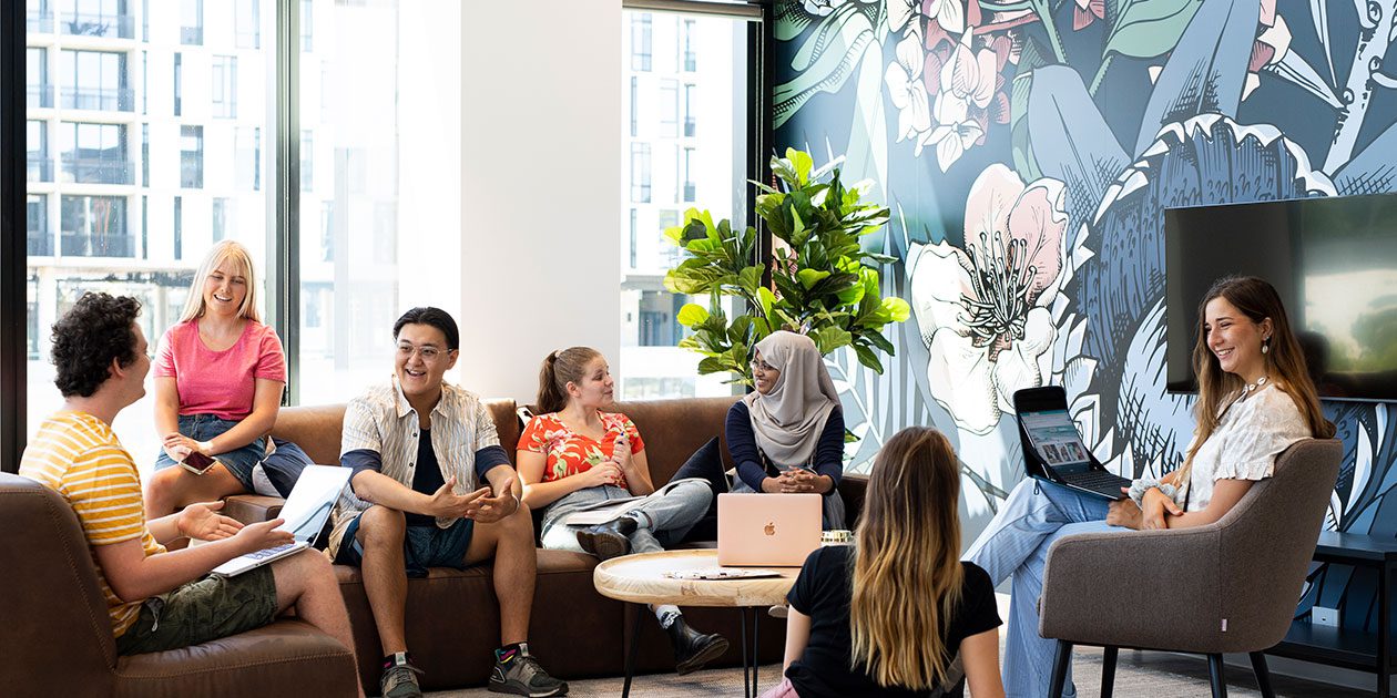 Students chat in on-campus accommodation at Curtin