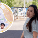 An image of Kristel talking to the camera, with a map on the left