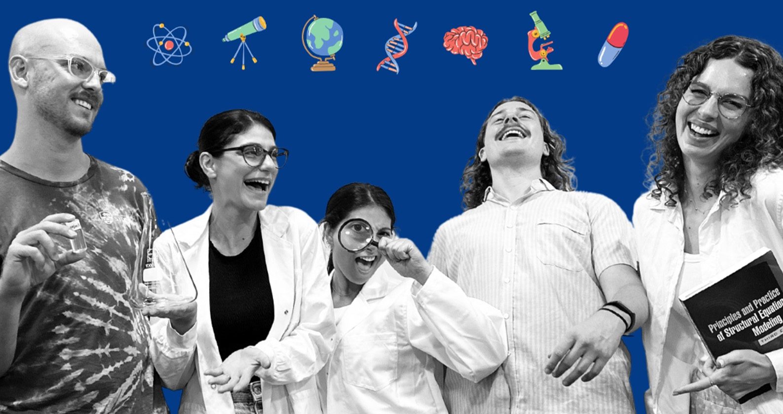 Group of people in lab coats with science icons above them on a blue background.