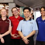Group of students in different coloured Curtin uniforms standing together in a campus walkway.
