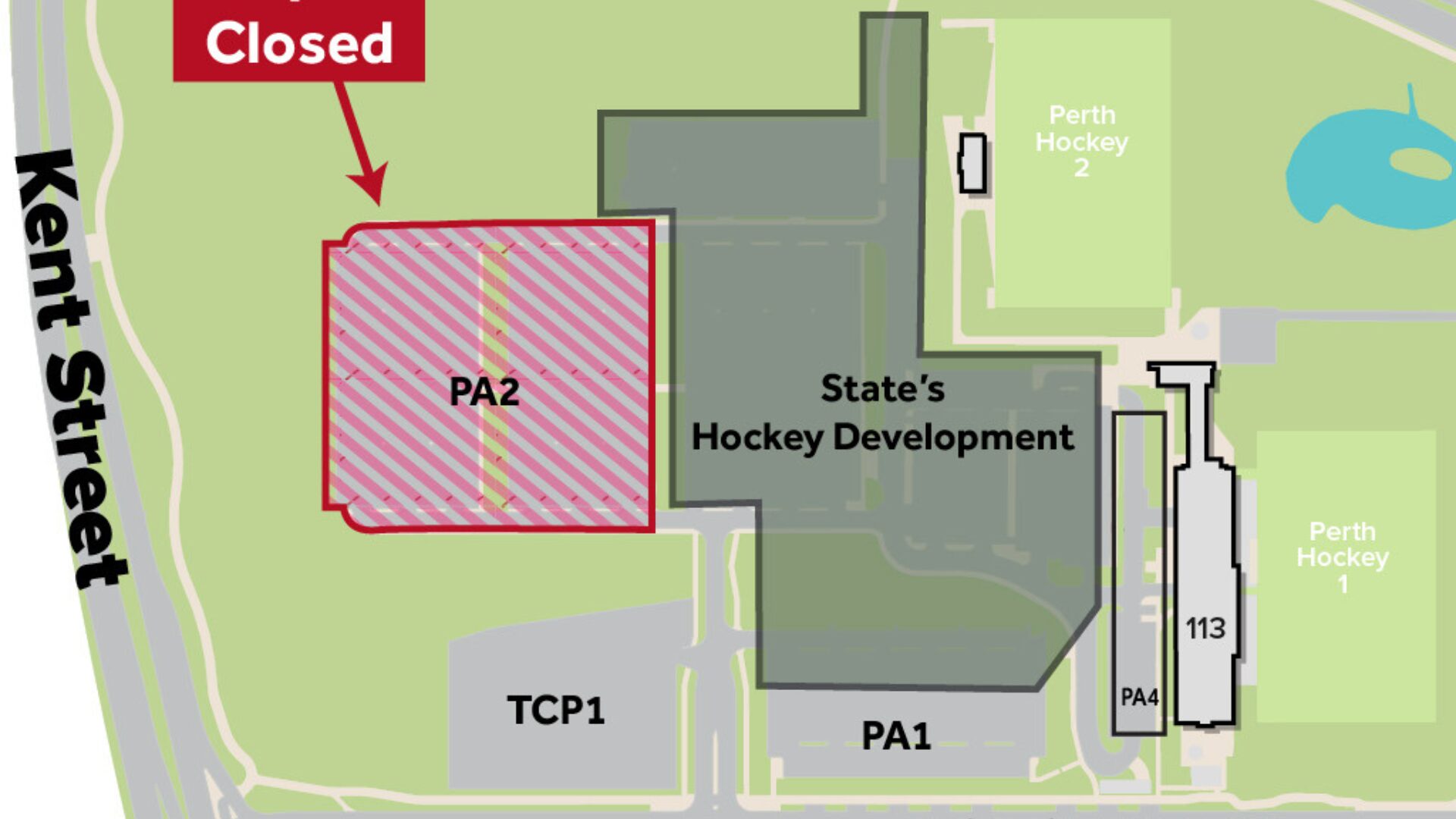 Map of Curtin campus pointing to PA2 closure