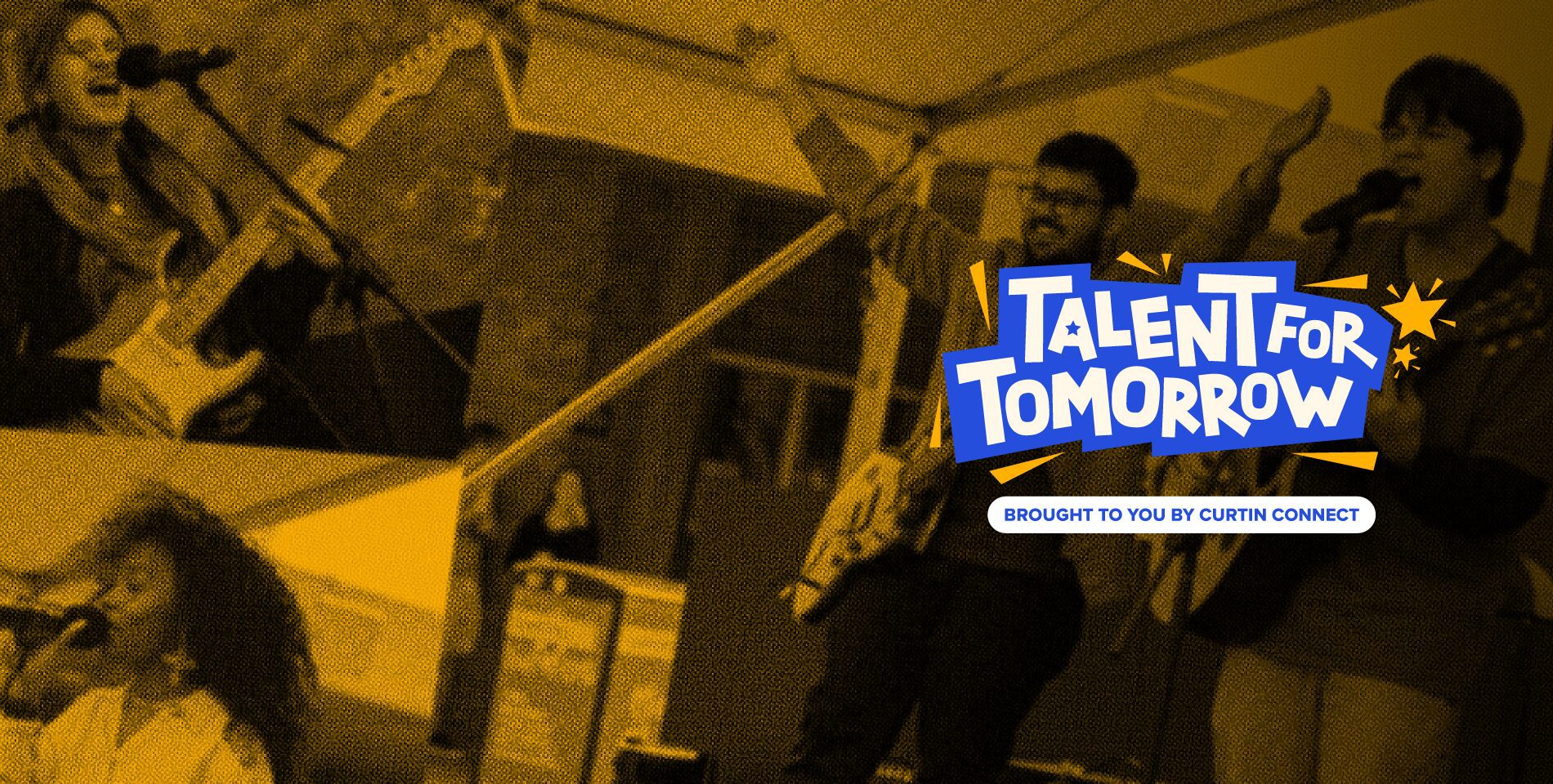 A photo of the Talent for Tomorrow logo against a yellow background ovelay on photos from the event.