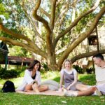 Group of students sitting on lawn on campus.
