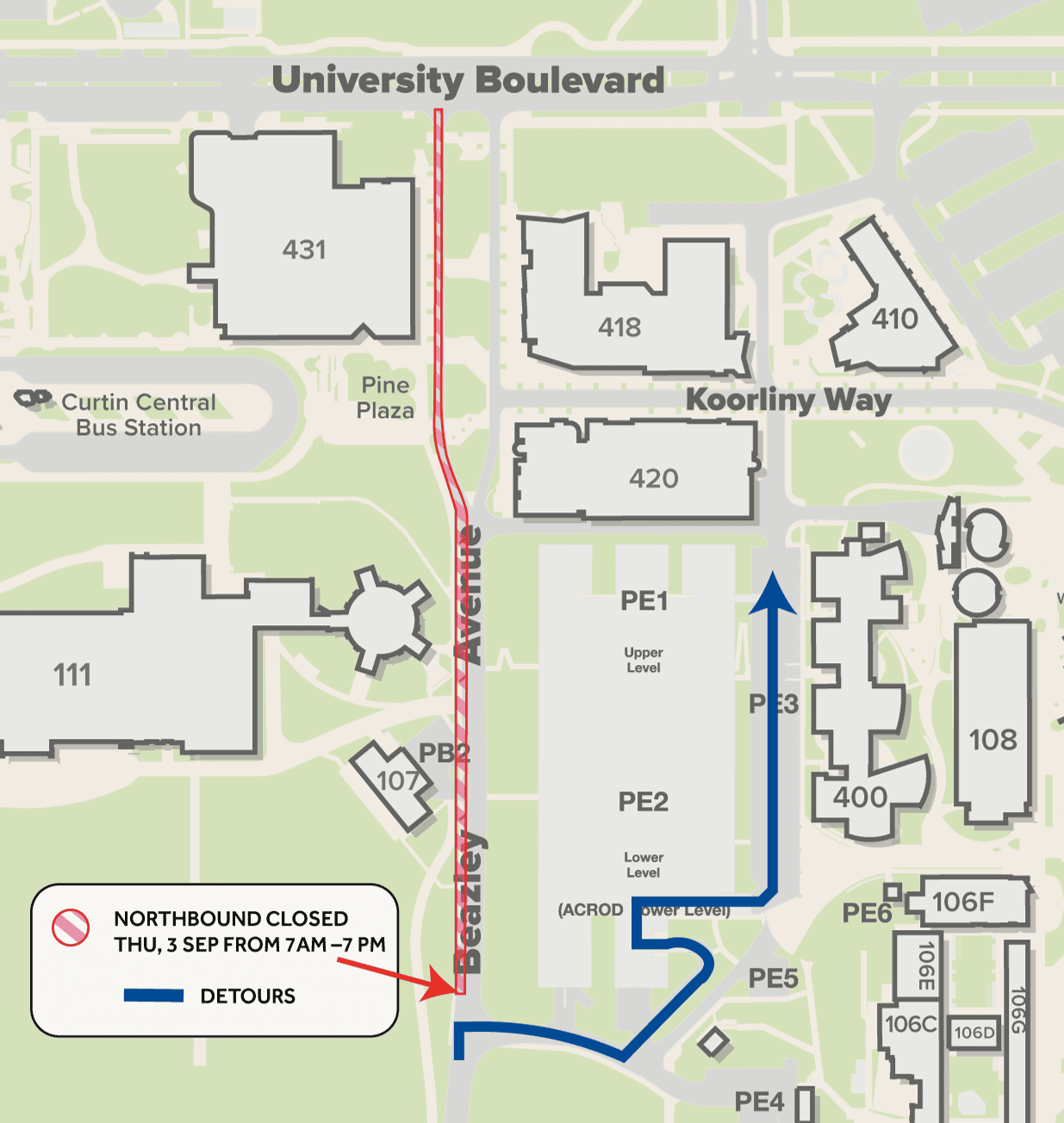 A graphic map of the Curtin Bentley campus, showing the planned closure of Beazley Avenue northbound.