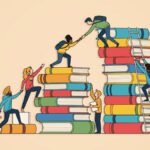 An illustration of students climbing gigantic books