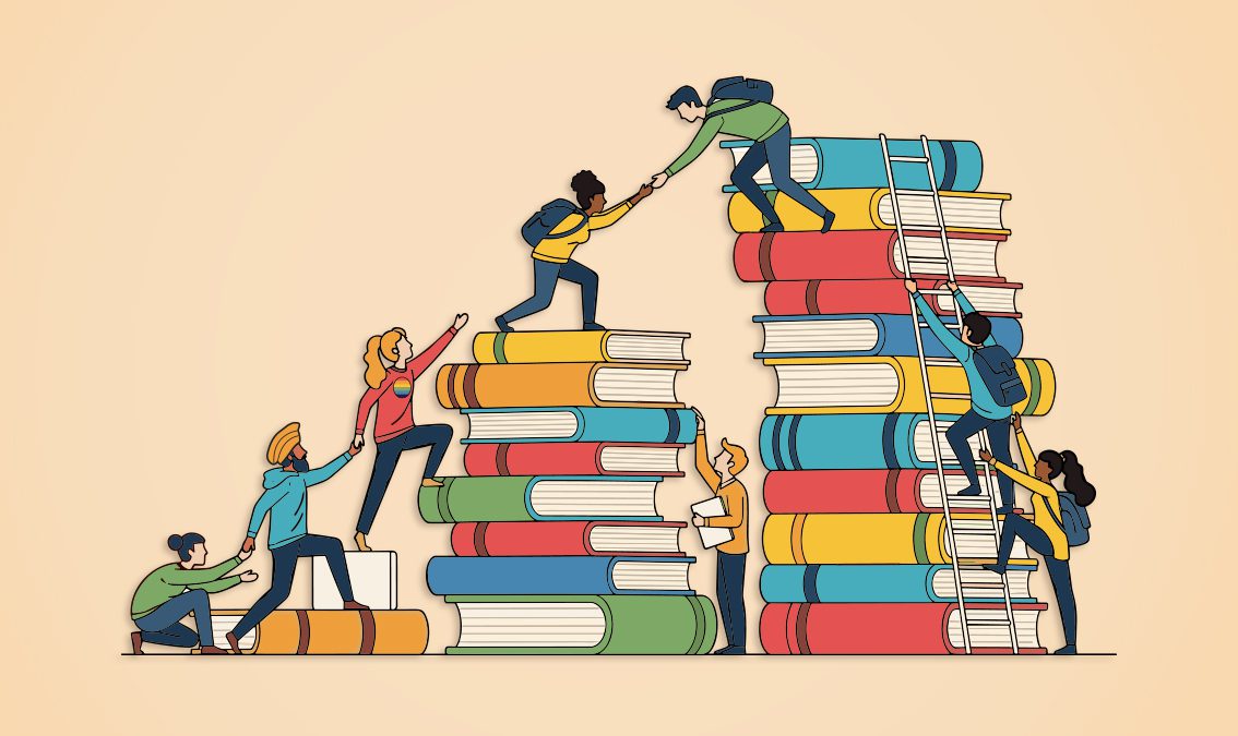 An illustration of students climbing gigantic books