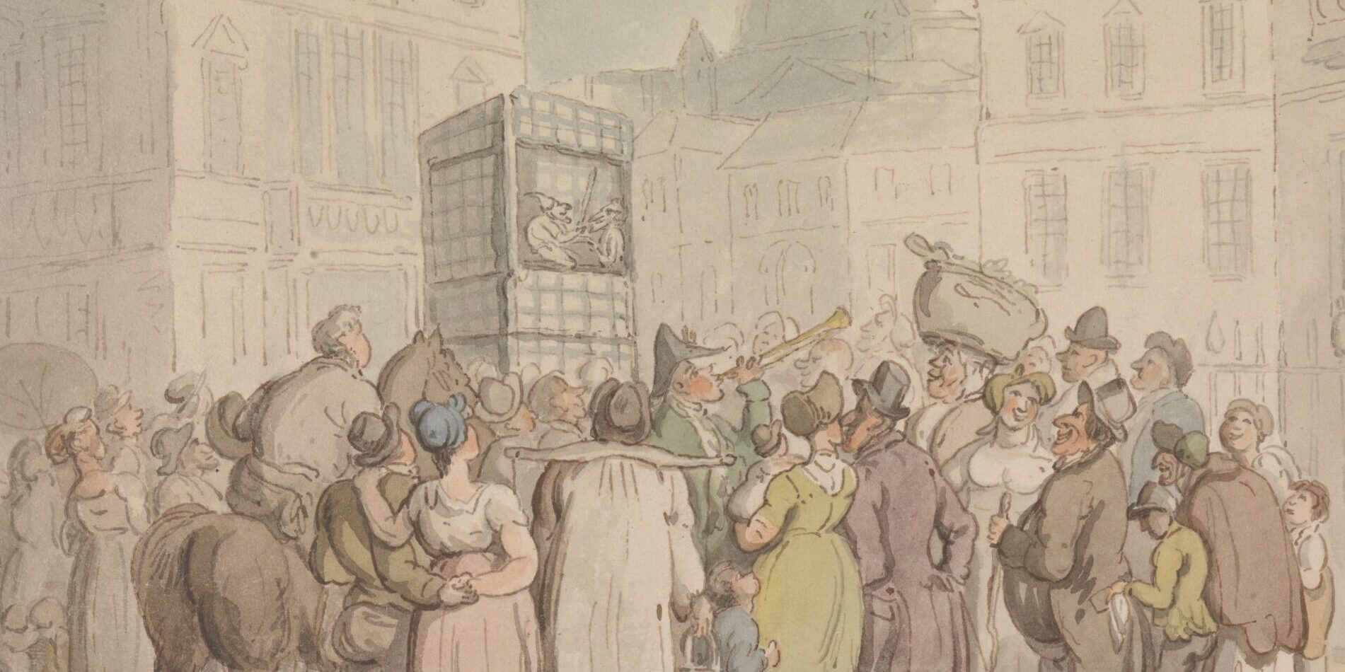Historical scene of a crowd watching a puppet theatre