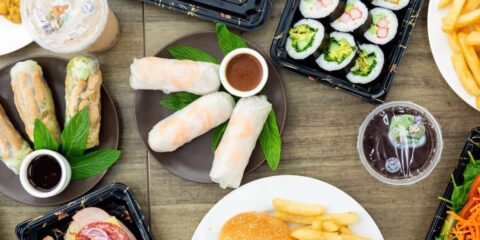 Selection of rice paper rolls and sushi