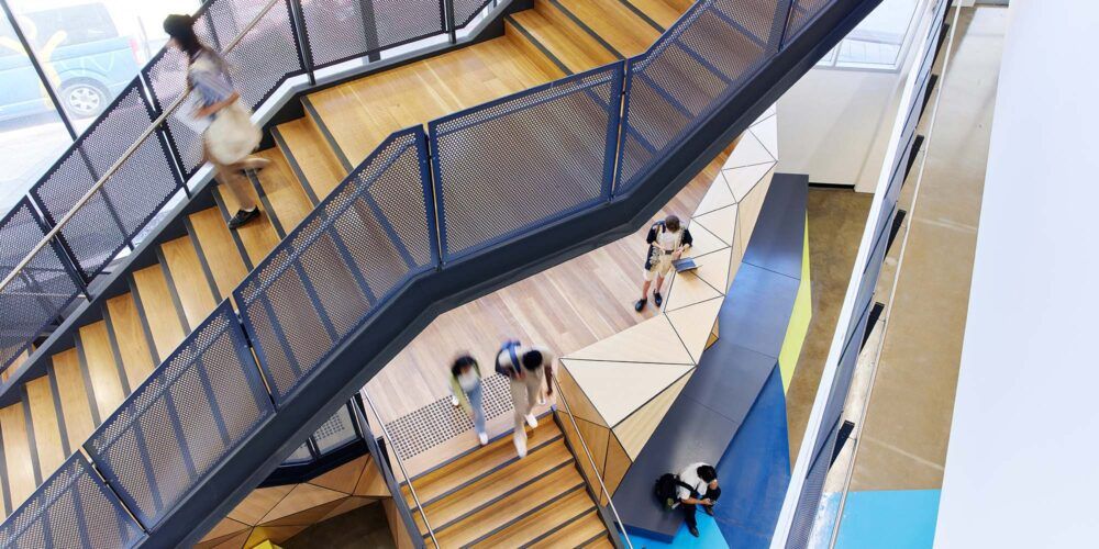 Birds eye view of the layers of stairs in the Curtin Medical School building