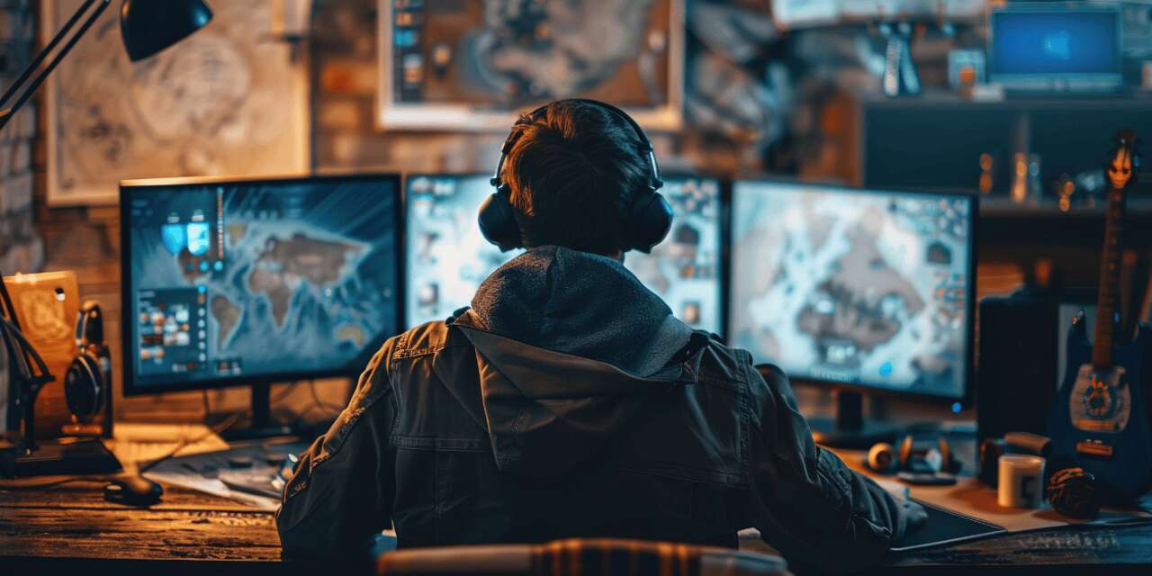 Person working on multiple screens wearing headphones.