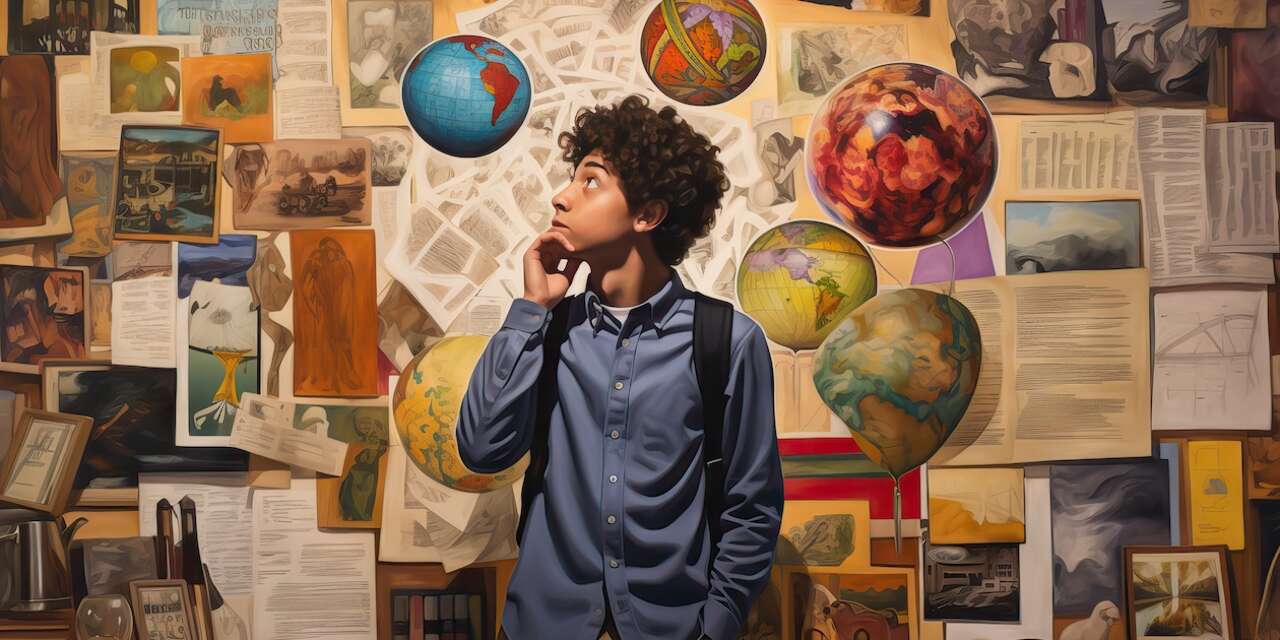 An AI-generated graphic of a young, male presenting student with brown skin, black curly hair and neat clothes stands in a thinking position, his gaze off camera. He is surrounded by different worlds and planets, and behind him is a wall of different texts and images and ideas.