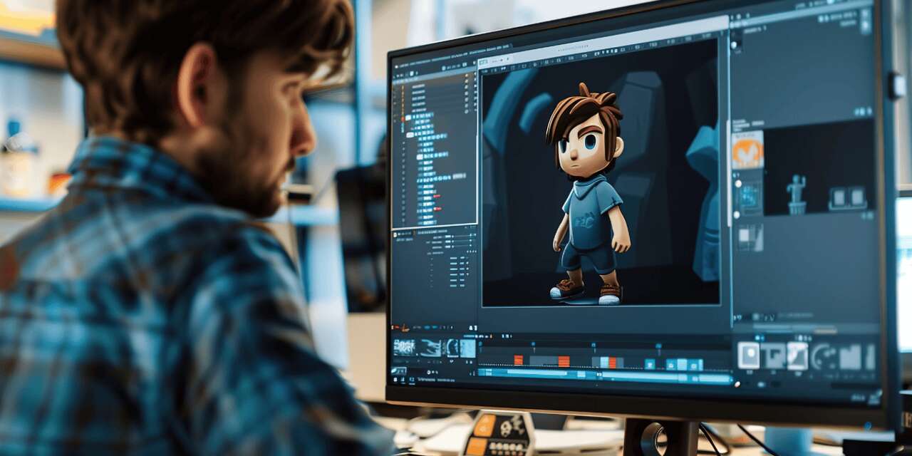 Man in blue shirt looking at animation with blue shirt on screen