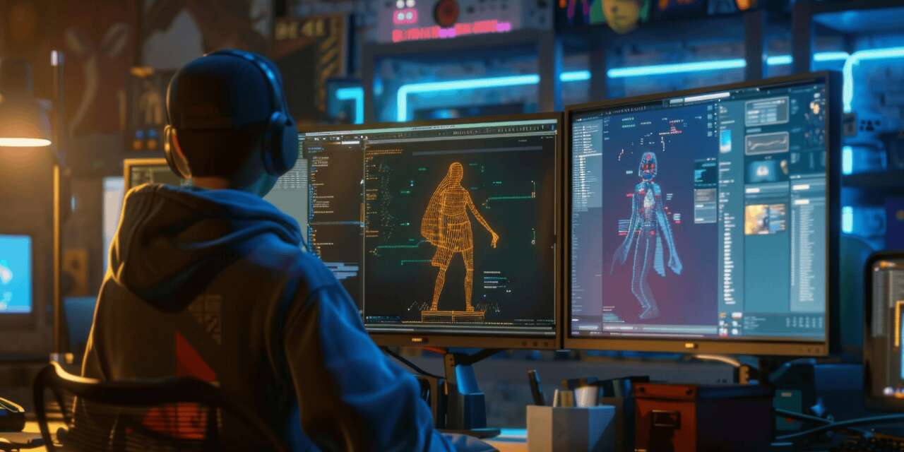 Person with headphones working with animation on screen