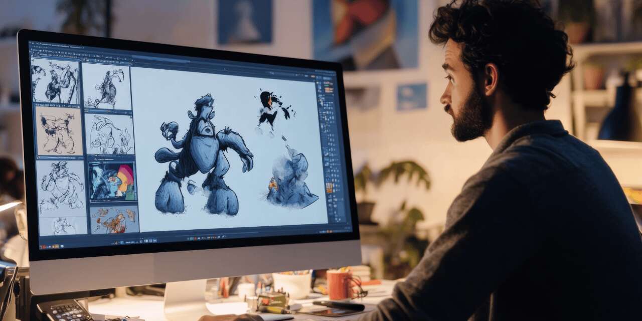 Man with a beard working on a game on a computer.