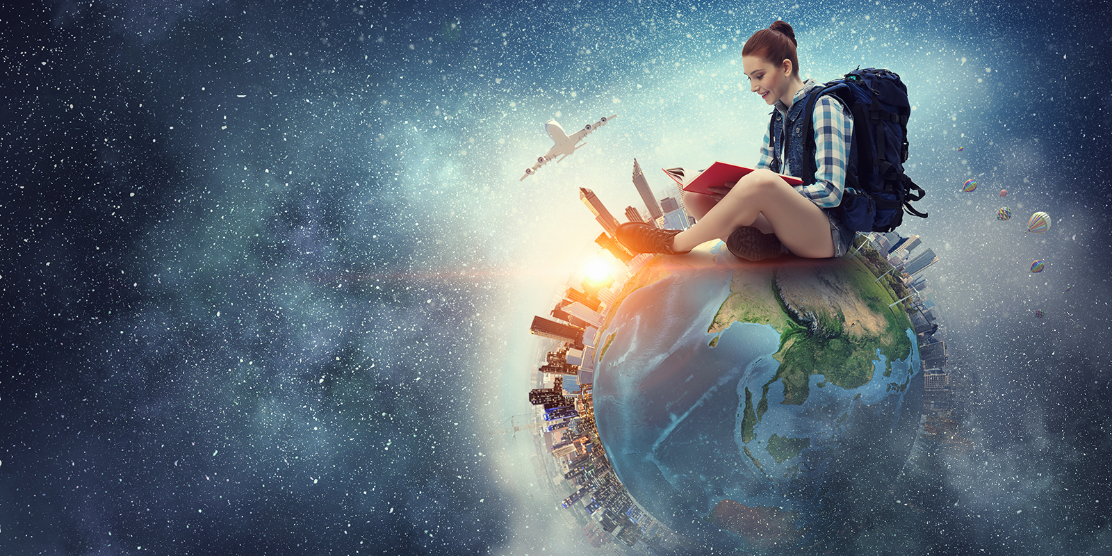 Girl with backpack sitting on top of globe reading a book
