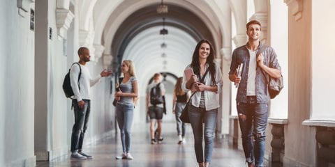 Students walking on campus.
